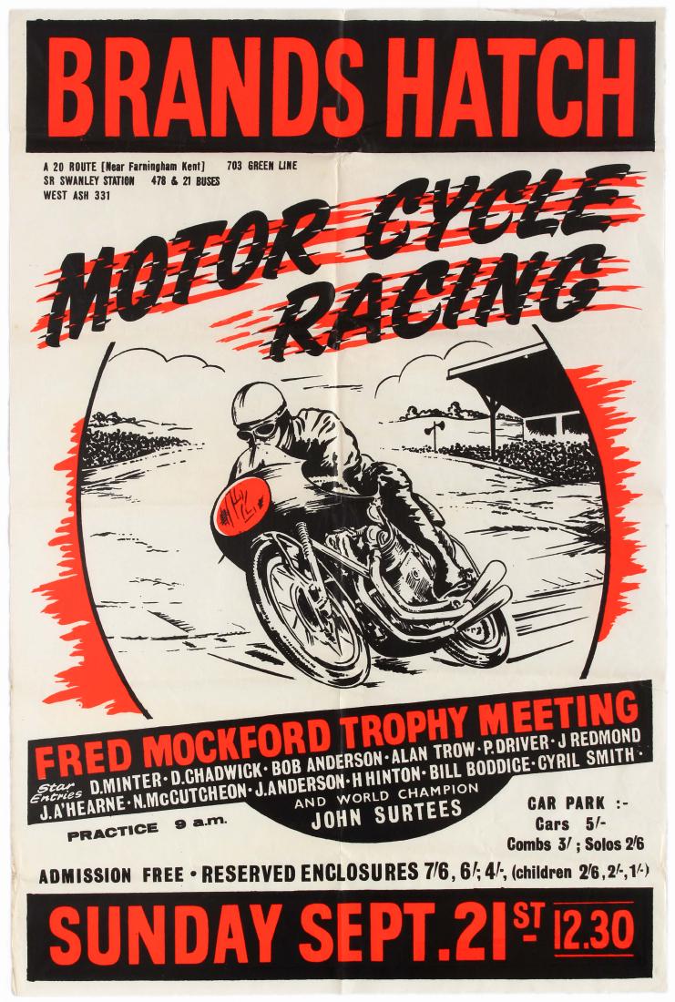 Sport Poster Brands Hatch Racing Fred Mockford Trophy: Original vintage Brands Hatch Motorcycle Racing poster for the Fred Mockford Trophy Meeting held on Brands Hatch circuit on Sunday, September 28, 1958, with star entries from Derek Minter, Bob Anderso