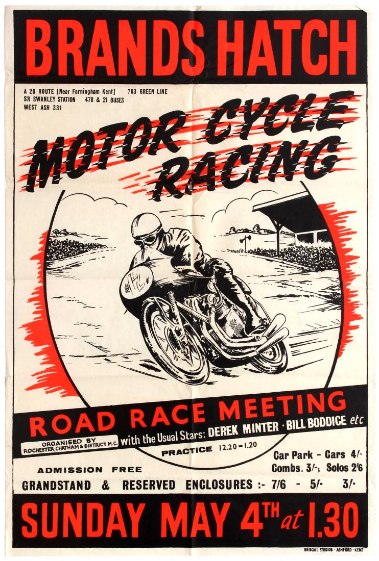Sport Poster Brands Hatch Motorcycle Road Race Meeting: Original vintage Brands Hatch Motorcycle Racing poster for the Road Race Meeting organised by Rochester, Chatham & District M.C, on Sunday, May 4, 1958, with star entries from Derek Minter and Bill Bo