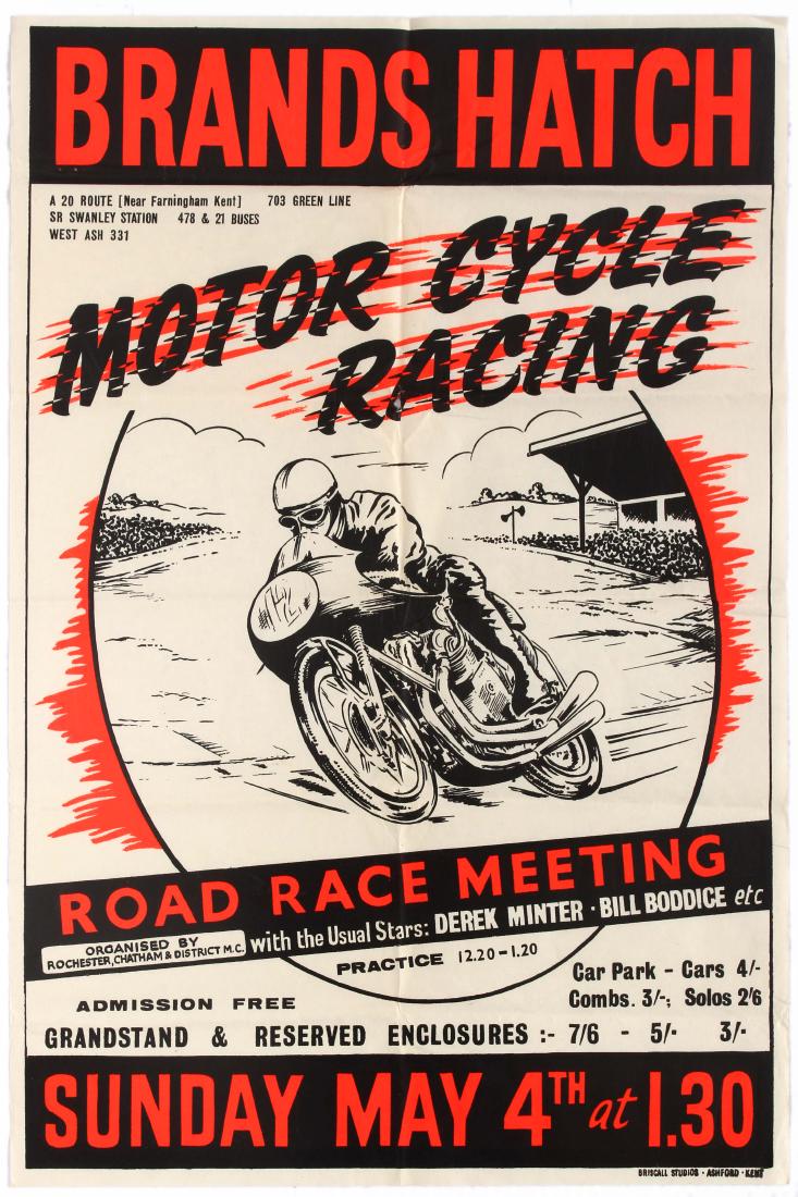 Sport Poster Brands Hatch Motorcycle Road Race Meeting: Original vintage Brands Hatch Motorcycle Racing poster for the Road Race Meeting organised by Rochester, Chatham & District M.C, on Sunday, May 4, 1958, with star entries from Derek Minter and Bill Bo