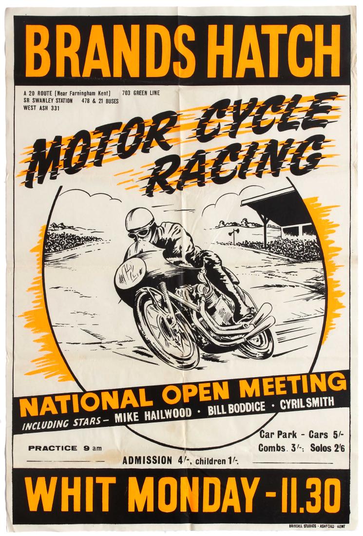 Sport Poster Brands Hatch Motorcycle Racing National: Original vintage Brands Hatch Motorcycle Racing poster for the National Open Meeting race on Whit Monday with star entries from Mike Hailwood, Cyril Smith and Bill Boddice. Michael Bailey Hailwood, MB