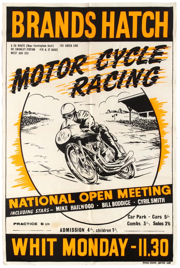 Sport Poster Brands Hatch Motorcycle Racing National: Original vintage Brands Hatch Motorcycle Racing poster for the National Open Meeting race on Whit Monday with star entries from Mike Hailwood, Cyril Smith and Bill Boddice. Michael Bailey Hailwood, MB