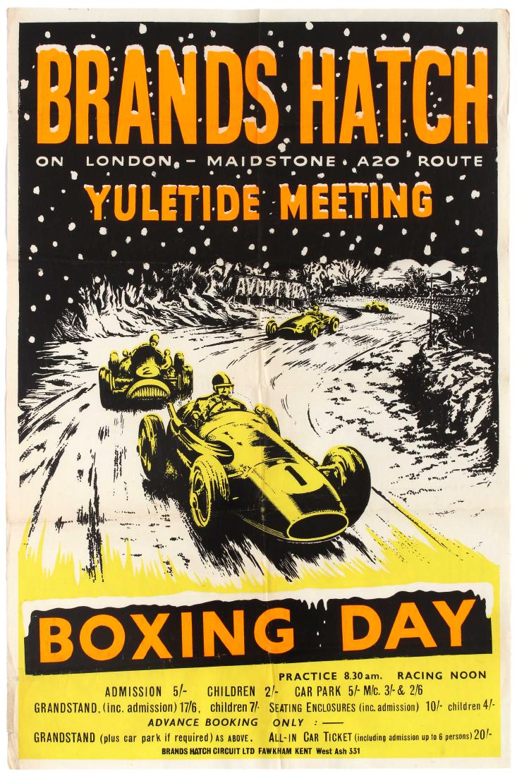 Sport Poster Brands Hatch Yuletide Meeting Car Racing: Original vintage racing poster for the Yuletide Meeting race held on Boxing Day of 1958 at Brands Hatch. Brands Hatch is a motor racing circuit in West Kingsdown, Kent, England. First used as a grasst