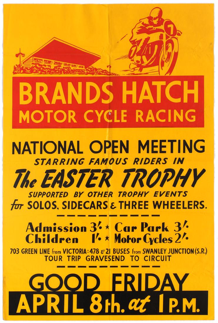Sport Poster Brands Hatch Motorcycle Road Racing The: Original vintage Brands Hatch Motorcycle Racing poster for the National Open Meeting starring famous riders in The Easter Trophy. Brands Hatch is a motor racing circuit in West Kingsdown, Kent, Englan