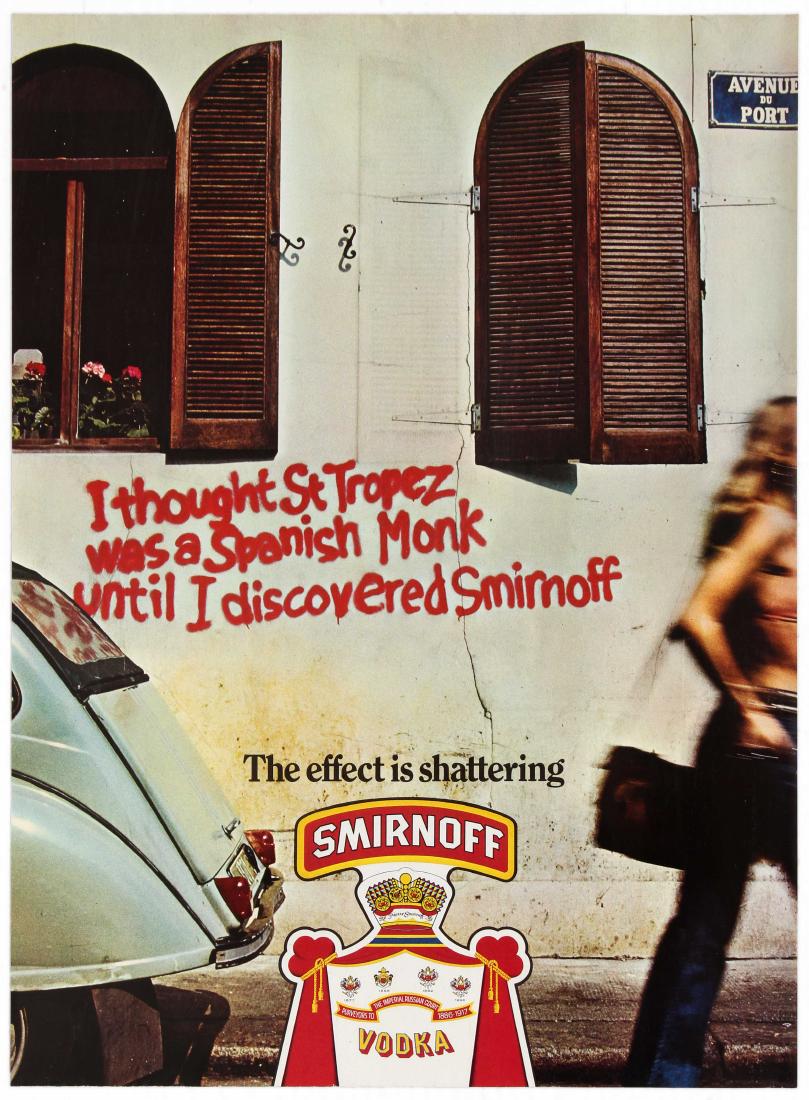 Advertising Poster Smirnoff Vodka St Tropez Spanish: Original vintage Smirnoff vodka advertising poster: 'I thought St Tropez was a Spanish Monk until I discovered Smirnoff' - The effect is shattering. These original vintage Smirnoff advertising posters