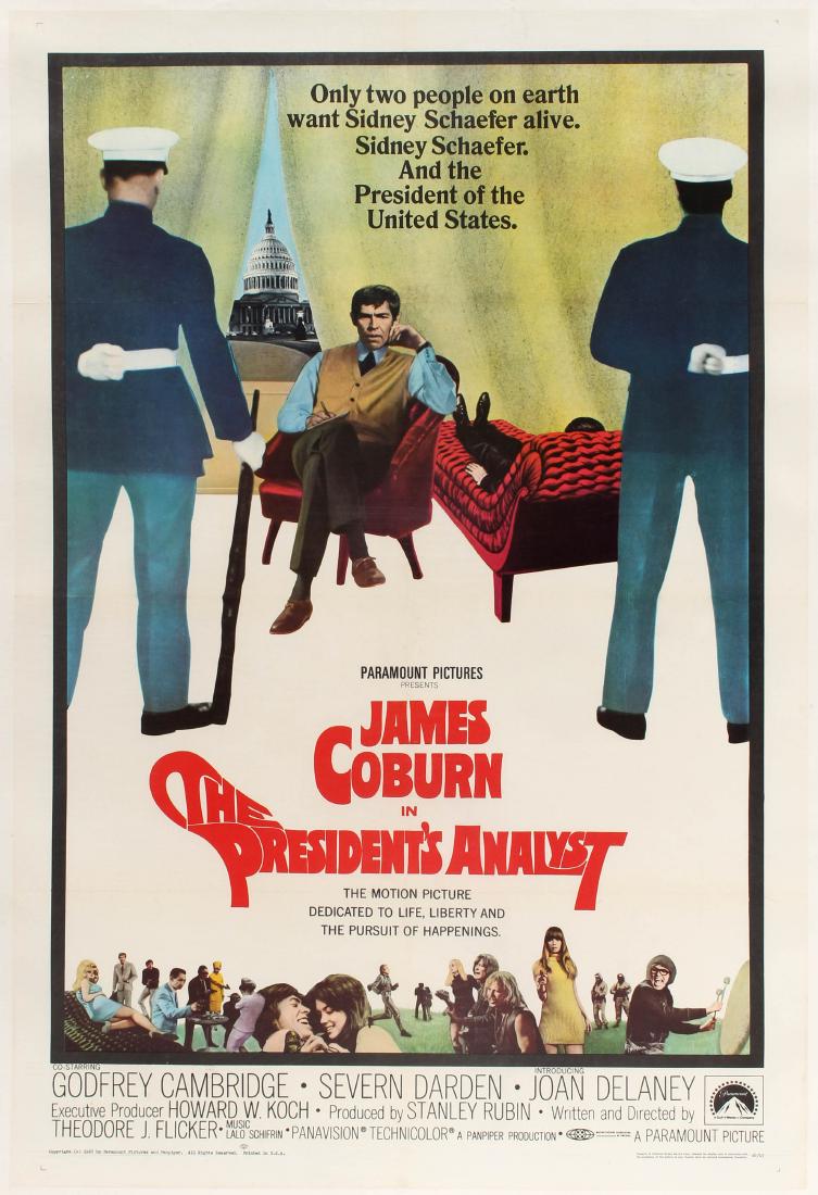 Film Poster President's Analyst James Coburn: Original vintage movie poster for the American satirical comedy film The President's Analyst, the 1968 Theodore J. Flicker political psychiatrist psychoanalyst comedy starring James Coburn , Godfrey C