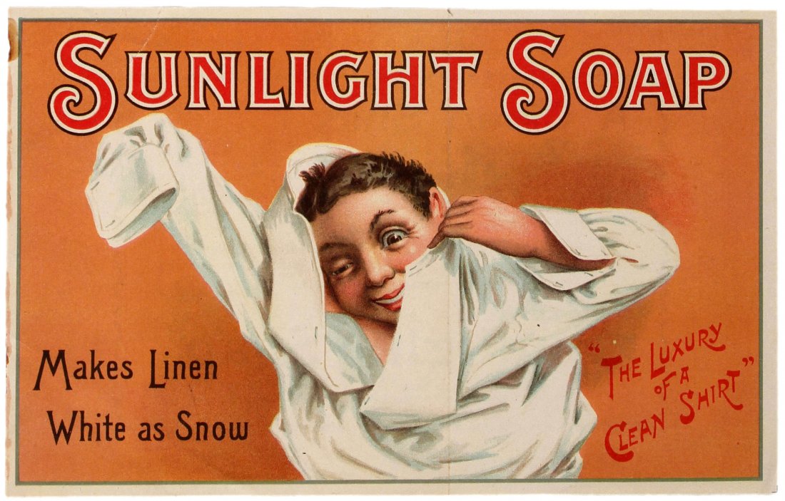 Advertising Poster Sunlight Soap Victorian Child: Original double-sided advertising poster leaflet Sunlight Soap - Makes Linen White as Snow - "The Luxury Of A Clean Shirt". Illustration of a boy putting on white shirt. Sunlight household soap was in