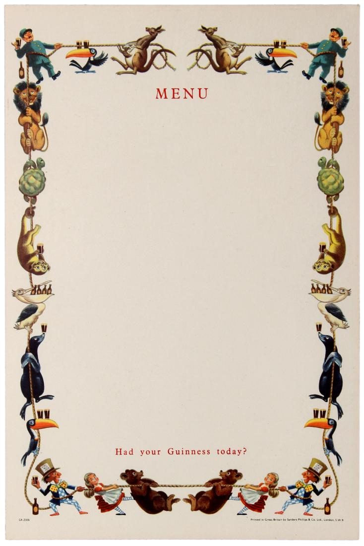 Advertising Poster Guinness Menu Had Your Guinness: Original vintage light card menu for Guinness beer with small illustrations of small animals, including the famous Guinness toucan, along with bears, dodos, lions, kangoroos, tortoises and more, all p