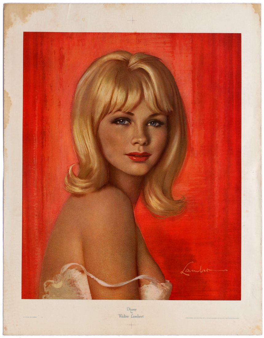 2 Advertising Posters Diane Pinup Walter Lambert Young: Set of two pinup prints by Walter Lambert. 1. Original vintage print by artist Walter Lambert showing a portrait of Diane, a young woman in underwear, set against a red background. Published and print