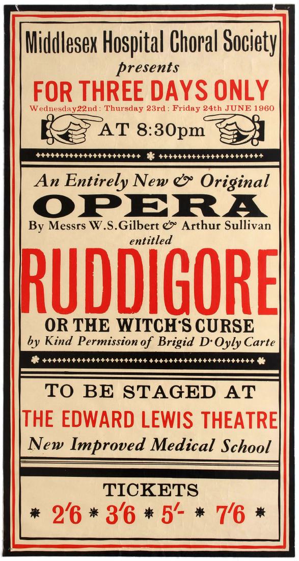 Advertising Poster Ruddigore Opera Gilbert Sullivan: Original vintage advertising poster for the stagging by the Middlesex Hospital Choral Society of Ruddigore or The Witch's Curse, an opera by W.S. Gilbert and Arthur Sullivan, at the Edward Lewis Theat
