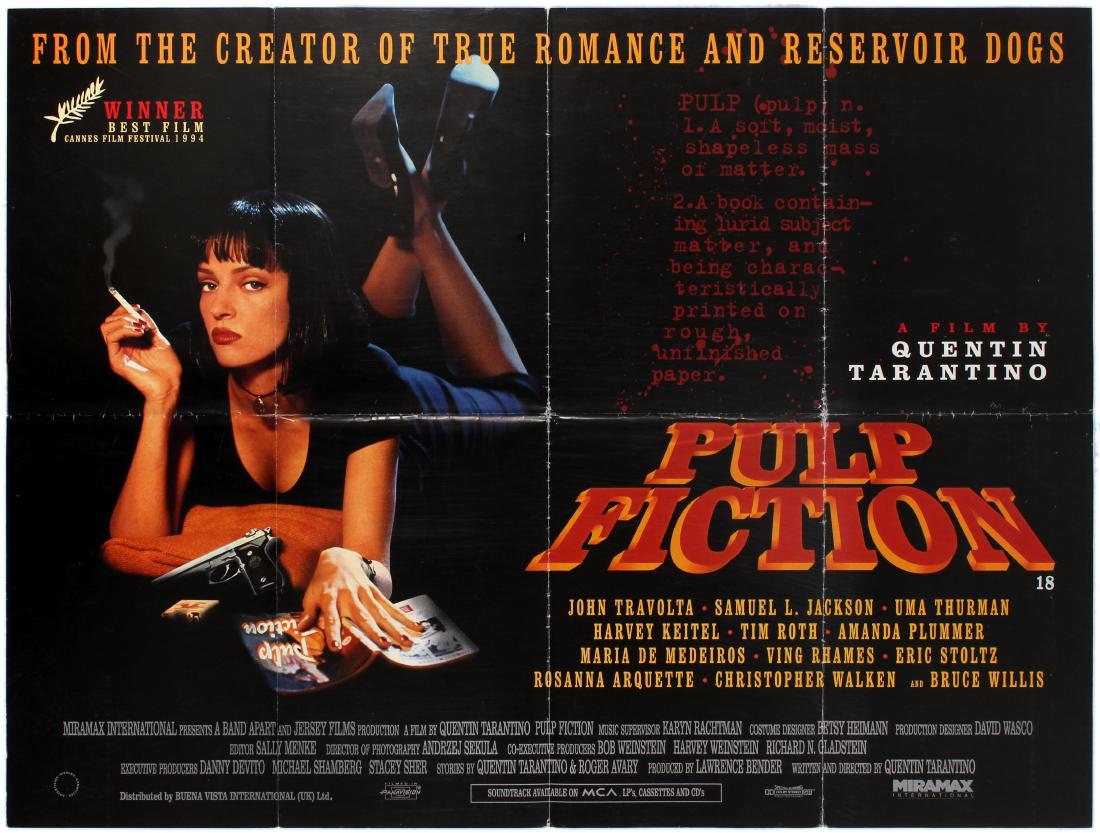 Film Poster Pulp Fiction UK Quad Movie Uma Thurman: Original vintage movie poster for the award winning American cult film Pulp Fiction directed by Quentin Tarantino and starring John Travolta, Uma Thurman, Samuel L. Jackson, Harvey Keitel, Tim Roth, B