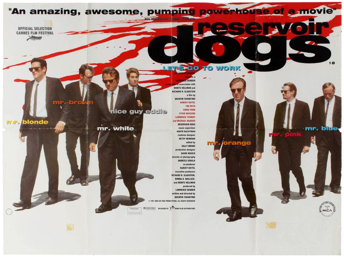 Film Poster Reservoir Dog UK Quad Movie Harvey Keitel: Original vintage movie poster for the cult American diamond jewellery heist film Reservoir Dogs written and directed by Quentin Tarantino and starring Harvey Keitel as Mr White, Tim Roth as Mr Orange,