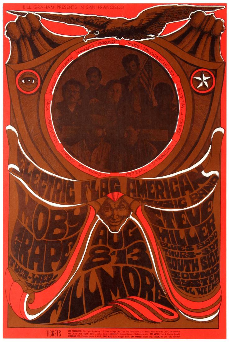 Advertising Poster Bill Graham Fillmore Electric Flag: Original vintage music advertising poster for a concert event presented by Bill Graham at the Fillmore Auditorium in San Francisco in August 1967, with Electric Flag, Moby Grape, Steve Miller Band. Ar