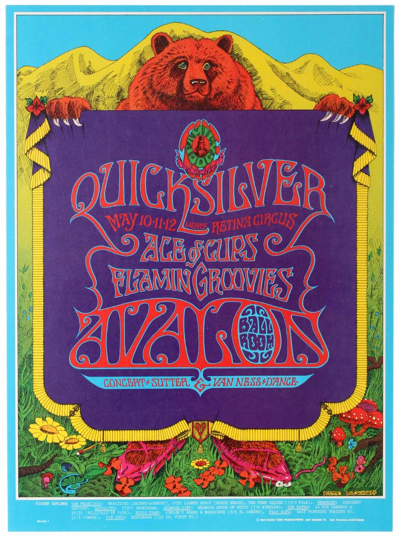Advertising Poster Quicksilver Messenger Service 1968: Original vintage music advertising poster for a concert by Quicksilver and Messenger Service at the Avalon Ballroom in 1968. Supporting acts featured The Aces of Cups and The Flamin' Groovies. The eve