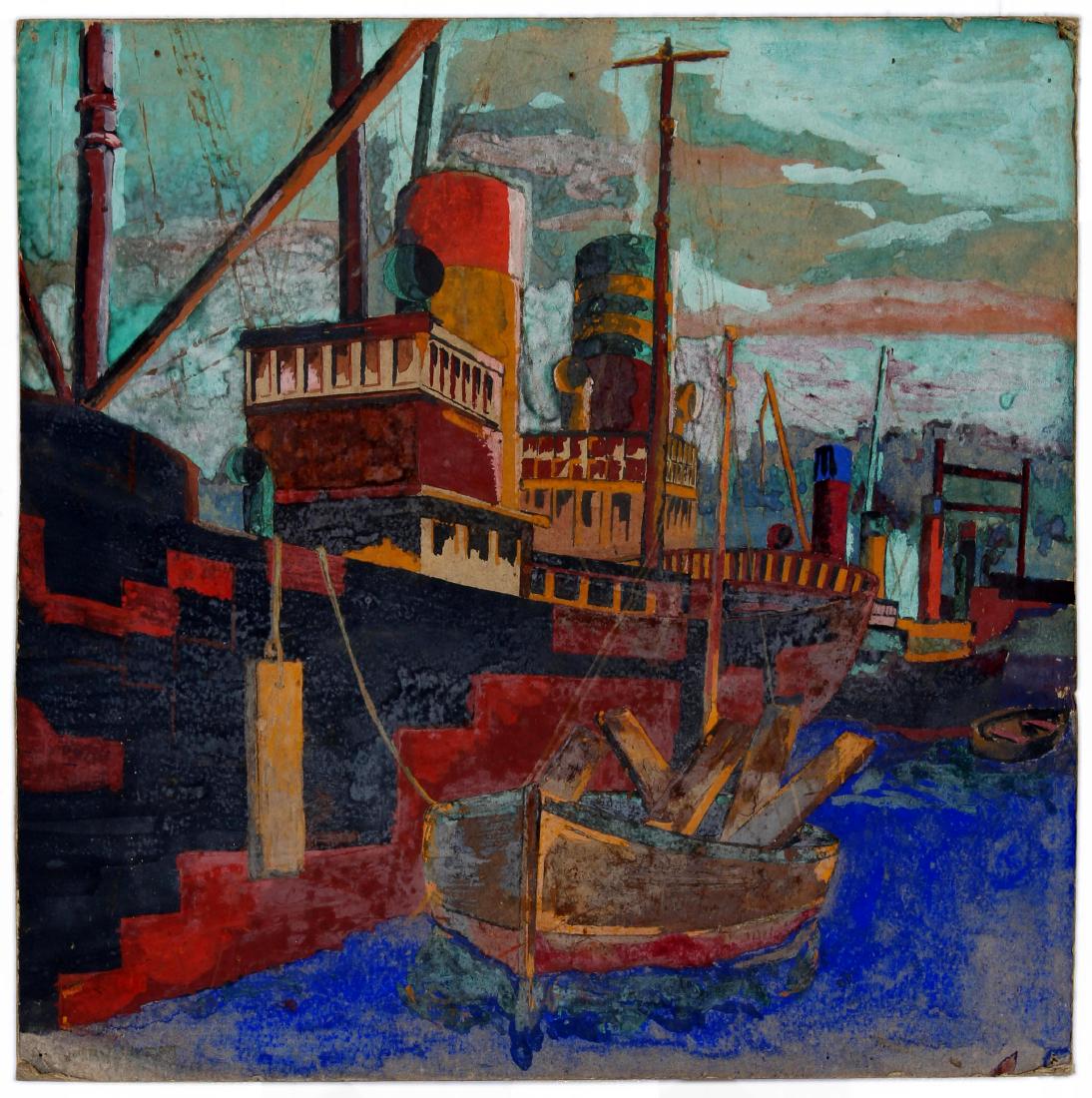 Marine Painting Boat and Ships in Port: Original painting depicting a two funnel ship anchored in the harbour with a small boat full of timber planks on its side. Fair condition, staining and dents in corners, painted on thick cardboard. Co