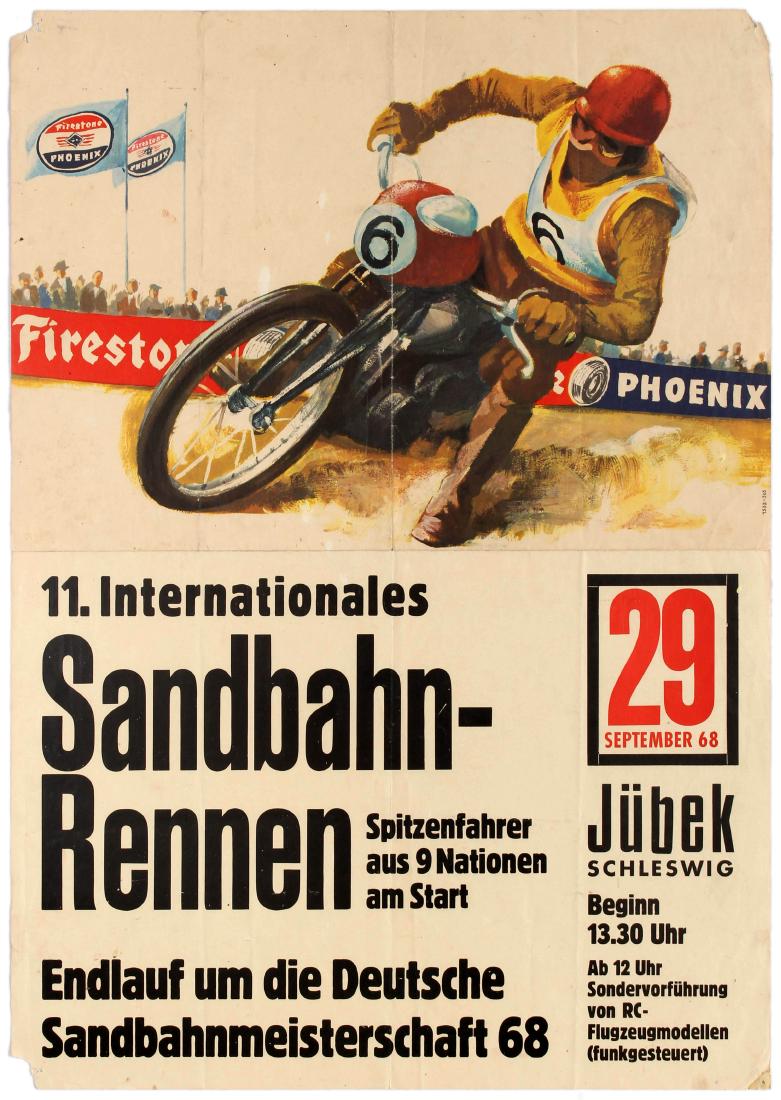 Sport Speedway Motorcycle Motorbike Racing Germany: Original vintage sport poster from the 11th international Sandbahn Rennen motorbike race in Germany that featured top riders from 9 nations. The vent took place on 29 September 1968. Great illustratio