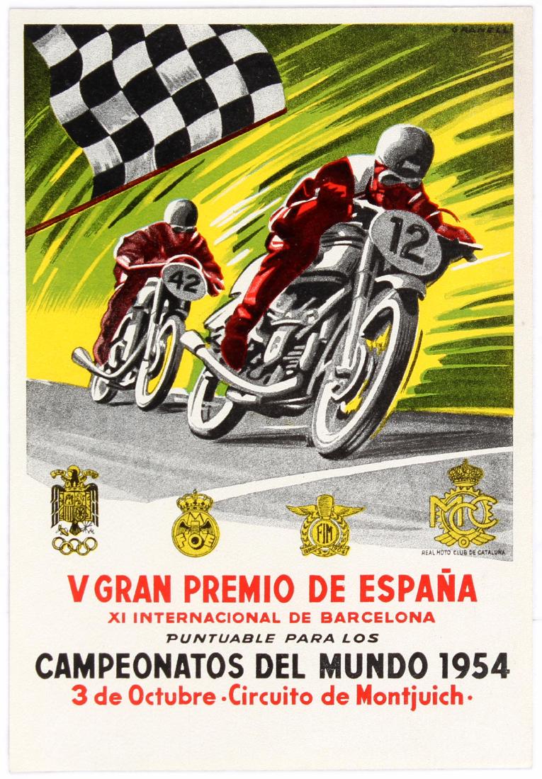 Sport Motorcycle Racing Spain Grand Prix Montjuich: Original vintage sport poster for V Grand Prix of Spain - XI international of Barcelona - Puntuable for the World Championships 1954 - October 3 Circuit of Montjuich. / V Gran Premio De EspaÃ±a XI i