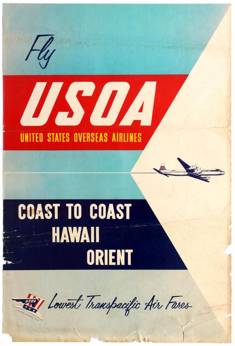 Travel Poster United States Overseas Airlines USOA: Original vintage travel poster for United States Overseas Airlines (USOA) - Coast to Coast Hawaii Orient - Lowest Transpacific Air Fares. American Overseas Airlines (AOA) was an airline that operated 