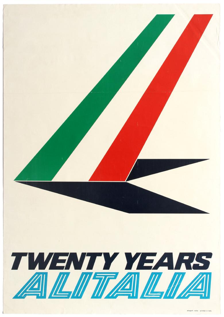 Advertising Alitalia Airline Twenty Years Modernism: Original vintage advertising poster celebrating twenty years of Italian airline Alitalia. Bold simple design depicts the Italian flag decorated tail of a plane. Alitalia â€“ SocietÃ Aerea Ital
