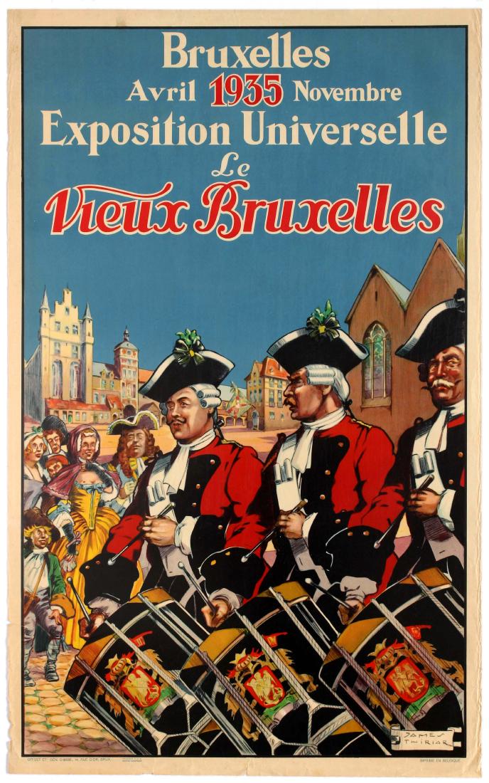 Travel Poster Brussels World Fair Belgium Drummers: Original vintage travel advertising poster published for the Brussels World's Fair, April to November 1935 (Exposition Universelle) featuring a colourful artwork by James Thiriar depicting members of 