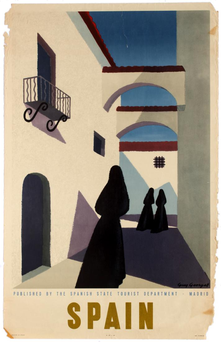 Travel Poster Spain Guy Georget Women in Black: Original vintage travel advertising poster published by the Spanish State Tourist Department featuring a great artwork by Guy Georget depicting the silhouette of women in black mantillas walking betwe