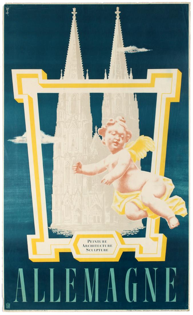 Travel Poster Germany Koln Cologne Cathedral: Original vintage travel advertising poster published in French by the German Board for Tourism: Germany - Paintings Architecture Sculpture (Allemagne - Peinture Architecture Sculpture) featuring a gre