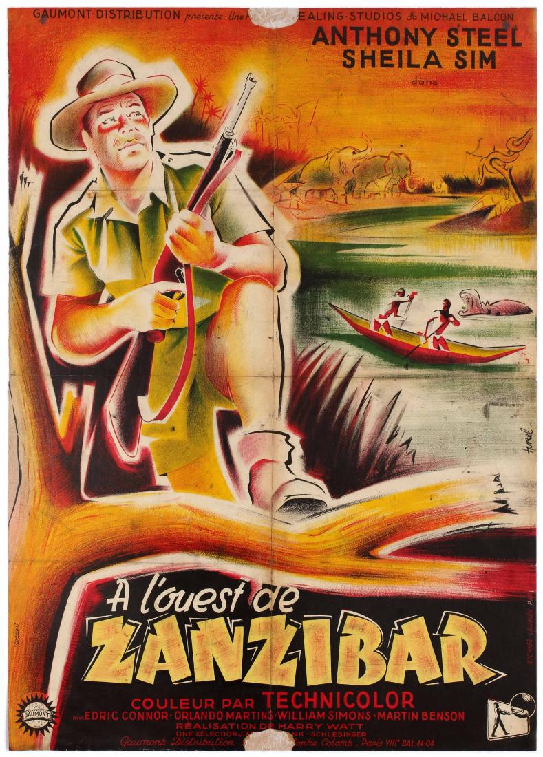 Film Poster West of Zanzibar Africa Anthony Steel: Original vintage movie poster for the 1954 British African adventures film West of Zanzibar. It is a 1954 British adventure film directed by Harry Watt and starring Anthony Steel, Sheila Sim and Edric