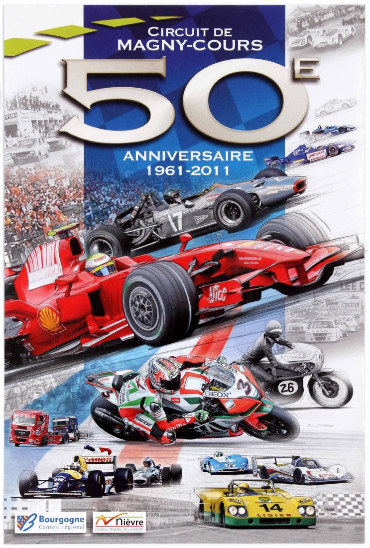 Sport Poster Magny-Cours Circuit Formula 1 Ferrari: Original vintage sport poster published to celebrate the 50th anniversary of the French formula 1 circuit Magny-Cours with an artwork by Lopez featuring various images of the races that took place on