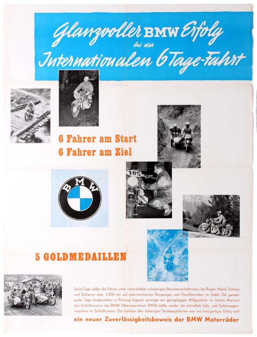 Sport Poster BMW Motorcycle Racing International 6-Days: Original vintage sport poster published by BMW to celebrate the victory of its motorbikes in the International 6-Days Ride: Glamorous BMW success at the International 6-Day Ride (Glanzvoller BMW Erfol
