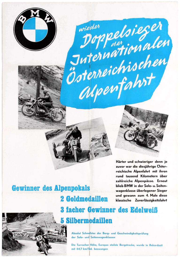 Sport Poster BMW Motorcycle Racing Austrian Alpine: Original vintage sport poster published by BMW to celebrate the double victory of its motorbikes in the Austrian Alpine Rally (Wieder Doppelsieger der Internationalen Osterreichischen Alpenfahrt). The