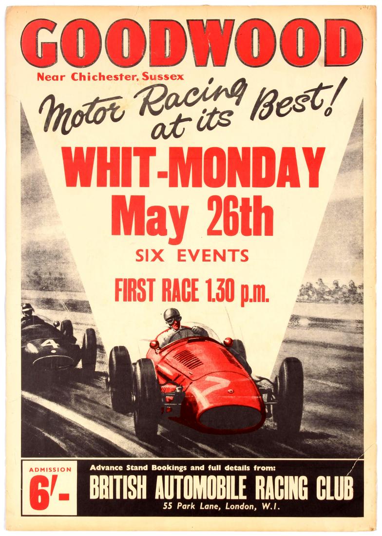 Sport Poster BARC Goodwood Car Motor Racing Six Events: Vintage racing BARC Goodwood poster for the Grand Prix car six events on Whit-Monday May 26th, 1958, featuring artwork after Roy Nockolds most likely depicting Stirling Moss' Maserati 250F leading Mik