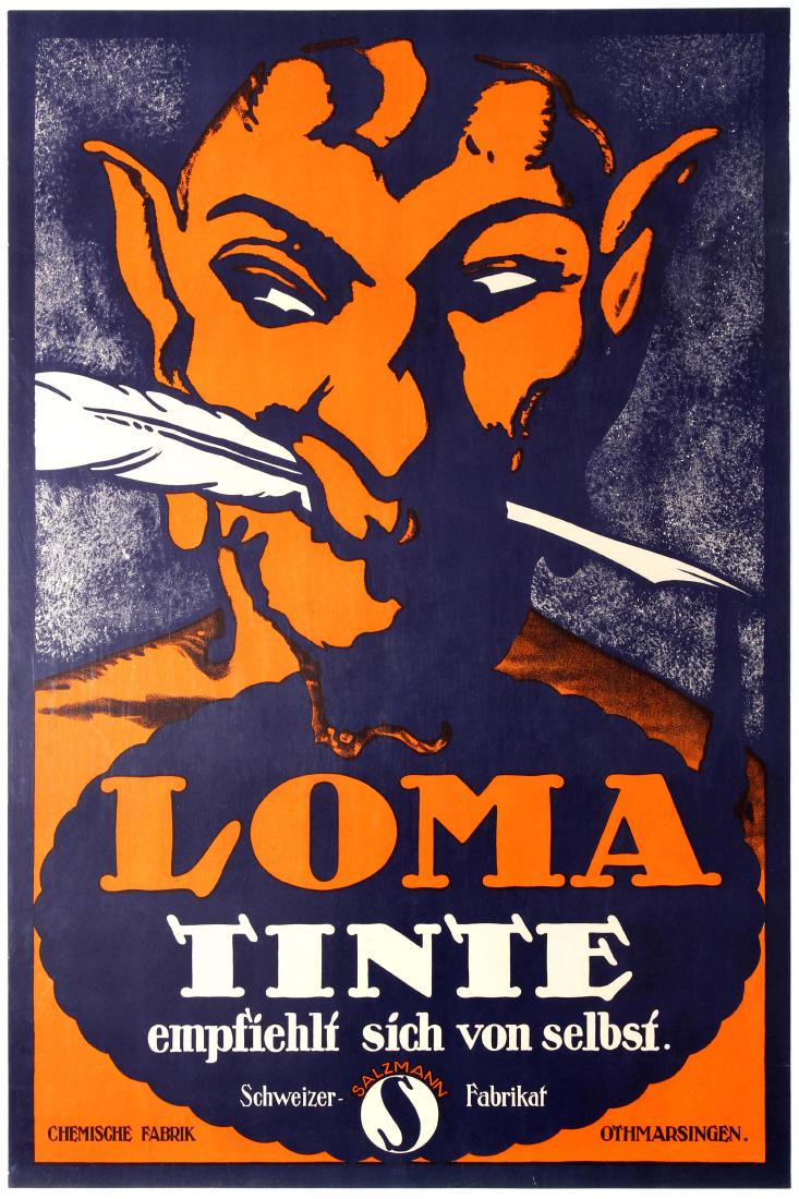 Advertising Poster Swiss Art Deco Loma Inks German: Original vintage advertising poster published in German to promote the Swiss brand of inks Loma: LOMA Inks speak for themselves (Loma Tinte empfiehlt sich von selbst). Fantastic graphic orange and pur