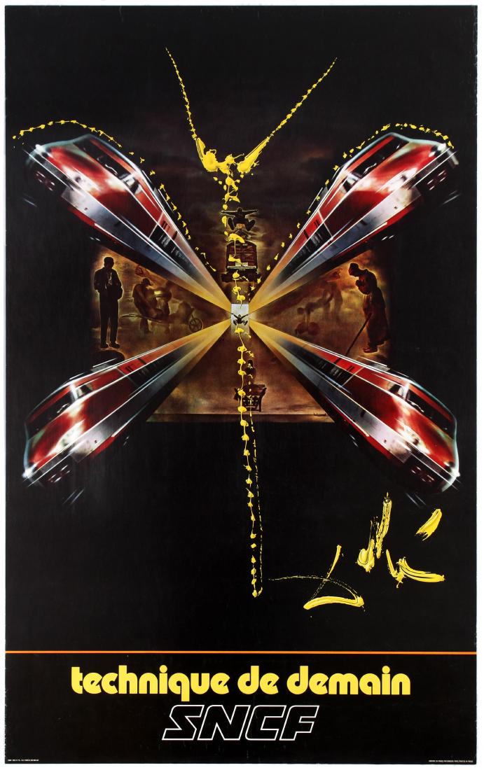 Advertising Poster SNCF Salvador Dali Railway France: Original vintage travel advertising poster: SNCF by Dali - Technique de Demain. Surreal image of trains emanating from an image of a man in a white rectangle to create an image of a butterfly, designe