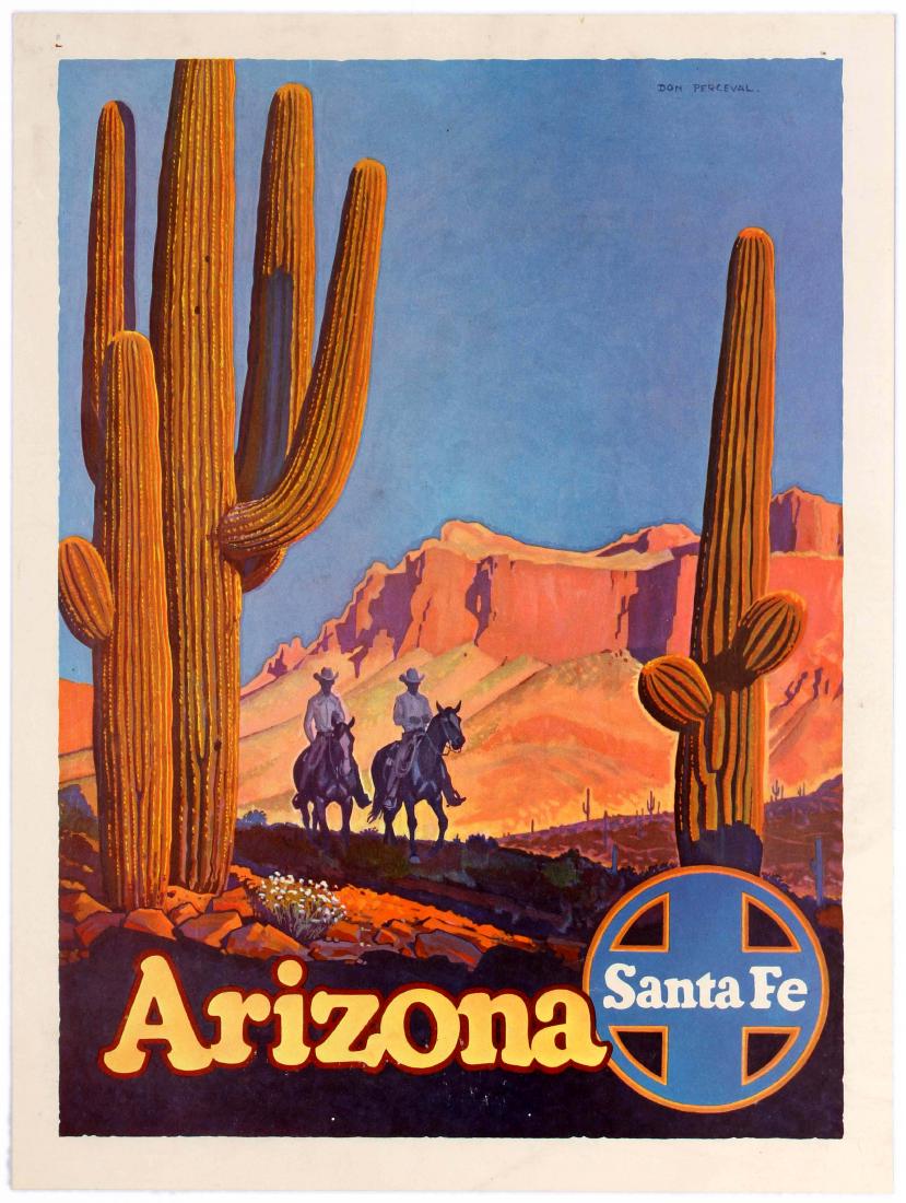 Travel Poster Arizona Santa Fe Railways Cowboys Don: Original vintage travel poster published by the Santa Fe Railway to promote travel to the west with design by British artist Don Perceval showing two cowboys on horses riding across the desert terrain