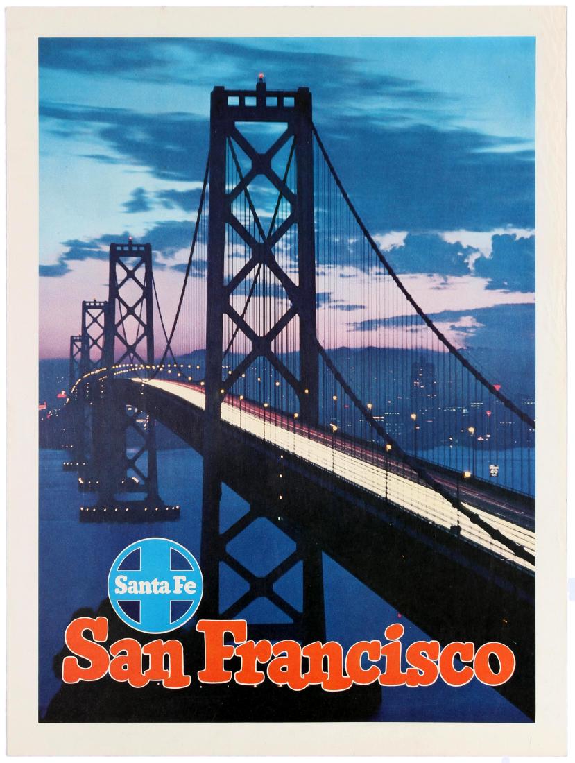 Travel Poster San Francisco Santa Fe Railways San: Original vintage travel poster published by the Santa Fe Railway to promote travel to the west with a rich colour photograph showing the San Francisco bridge at dusk. The San Franciscoâ€“Oakland 
