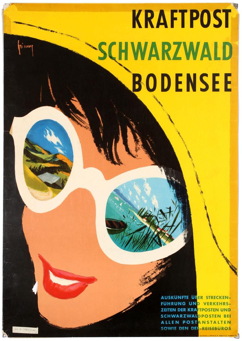 Travel Poster Post Office Bus Black Forest Lake: Original vintage travel poster published by the German Federal Post Office to promote its passengers transport services, the famous yellow Kraftpost bues, across the south west region of the Black For