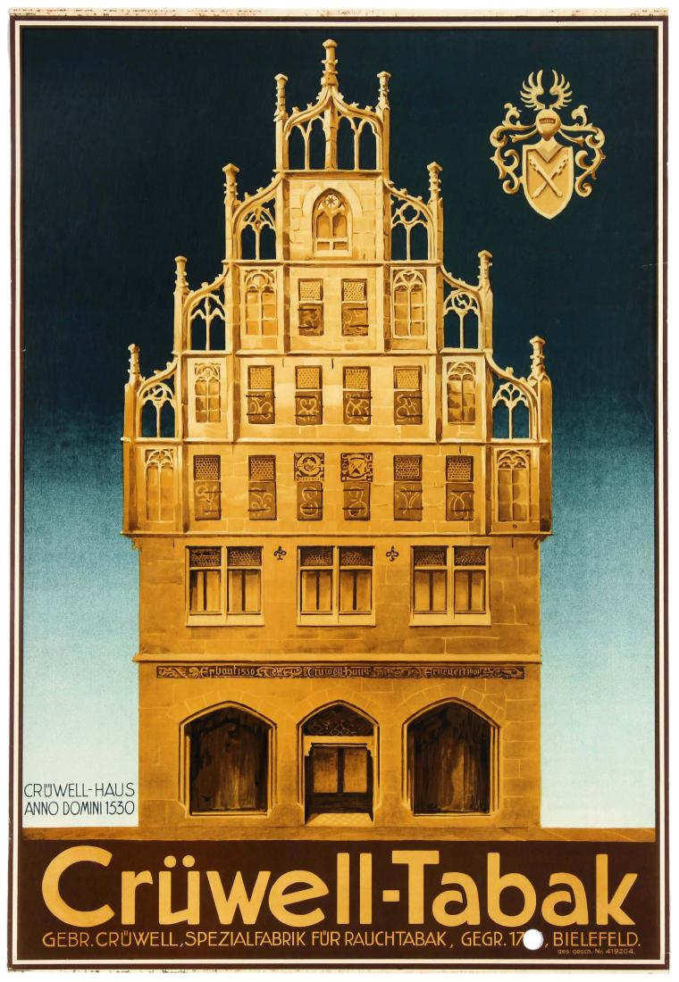 Advertising Poster Cruwell Tabak Tobacco Smoking: Original vintage advertising poster for Cruwell-Tabak tobacco. Bold illustration of a building on a blue background. Gebruder CrÃ¼well is a former smoking tobacco factory from the East-Westphalian c