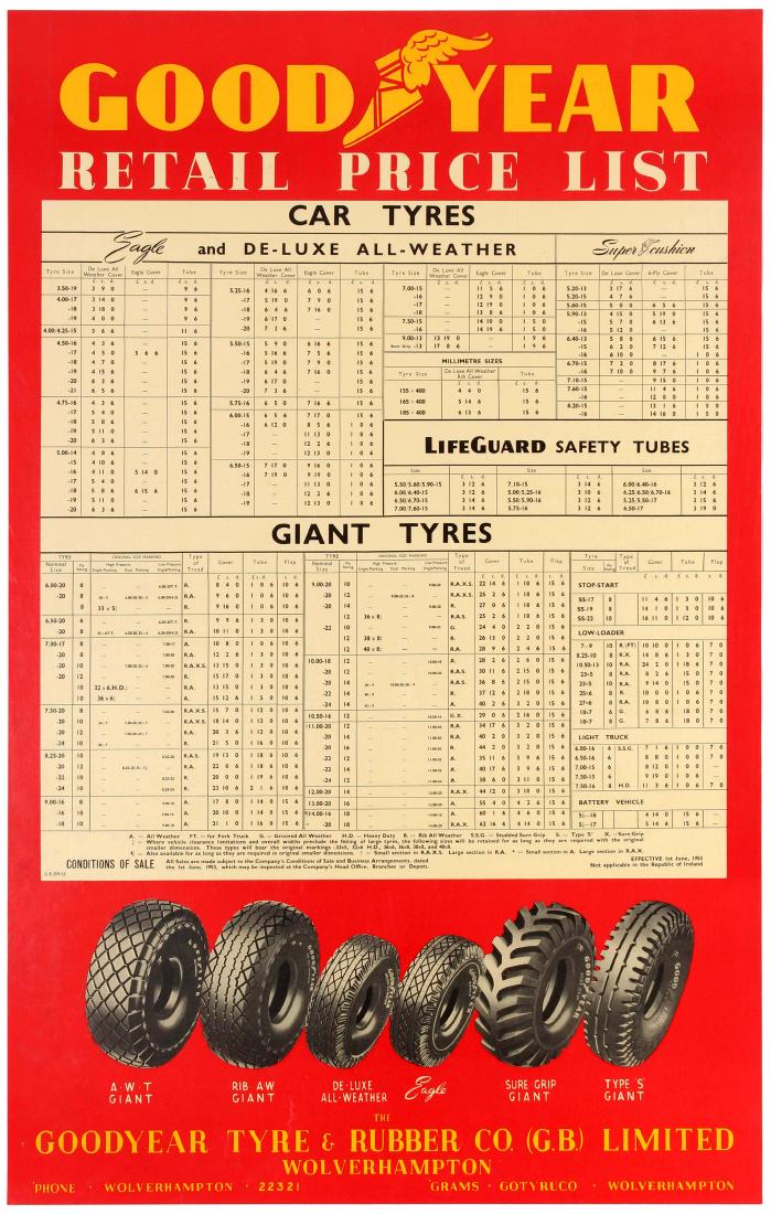 Advertising Poster Goodyear Tyres Price List Truck Car: Original vintage advertising poster for Goodyear tyres - Bold red and yellow design including a price list for car tyres - deluxe, all weather and giant. Issued by Goodyear Tyre and Rubber Co GB LTD -