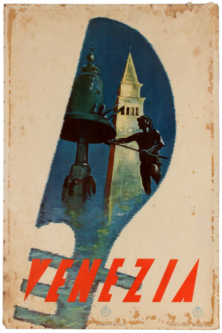 Travel Poster Venezia Venice Italy ENIT Railways: Original vintage travel poster for Venice / Venezia published by the Italian Tourism Board ENIT and the State Italian Railways. Great illustration of statues and architecture. Venice is the capital of