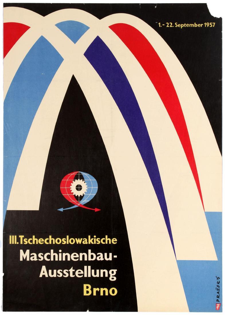 Advertising Poster Czechoslovakia Engineering: Original vintage midcentury modern advertising poster for the 3rd Czechoslovakian Engineering Exhibition held in Brno in September 1957. The city of Brno has a tradition of trade fairs, which is insep
