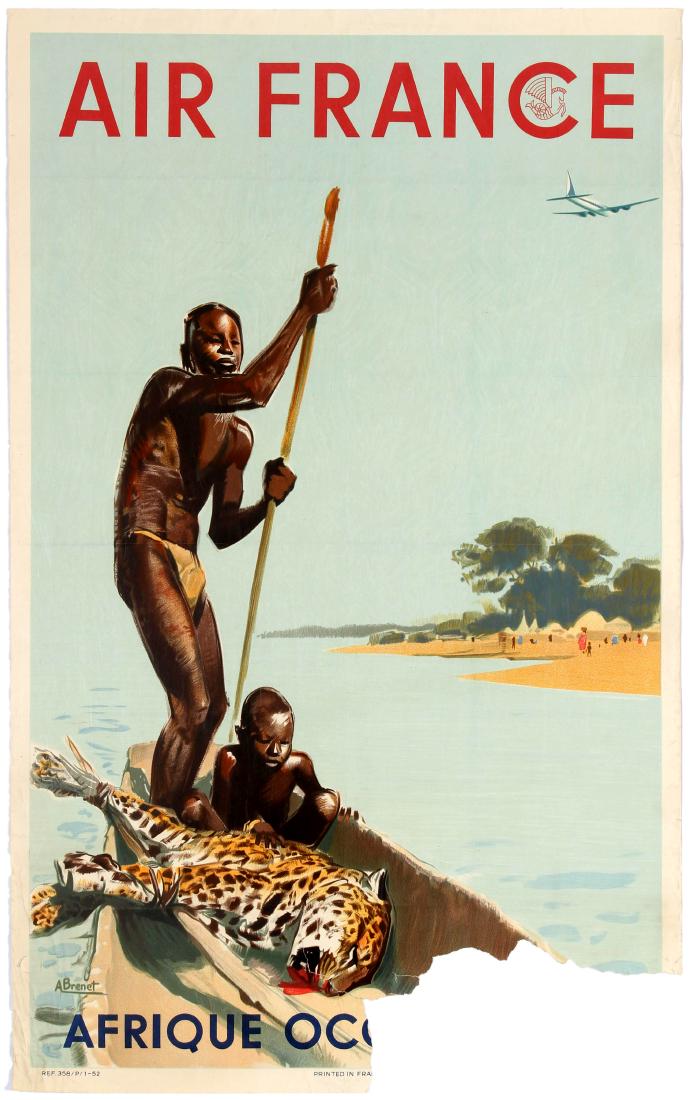 Travel Poster Air France Airline West Africa Leopard: Original vintage travel poster published by Air France to promote its flights to West Africa with an artwork by Albert Brenet showing two West African sailing on a wide river and bringing back a dead 