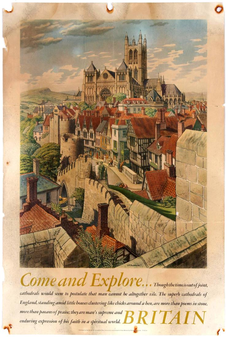 Travel Poster Come and Explore Britain: Original vintage travel poster Come and Explore Britain featuring great artwork by Stanley Roy Badmin (1906â€“1989) of a picturesque British city with bridges, traditional buildings and a cathedr