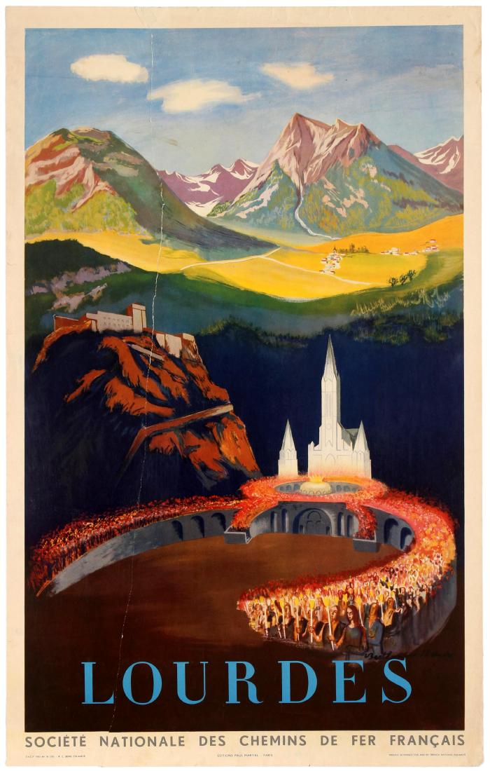 Travel Poster LourdesÂ French Railway France Pilgrimgae: Original vintage travel poster for Lourdes issued by French Railways / Chemin de fer Francais. Lourdes is a small market town lying in the foothills of the Pyrenees, the Sanctuary of Our Lady of Lourd