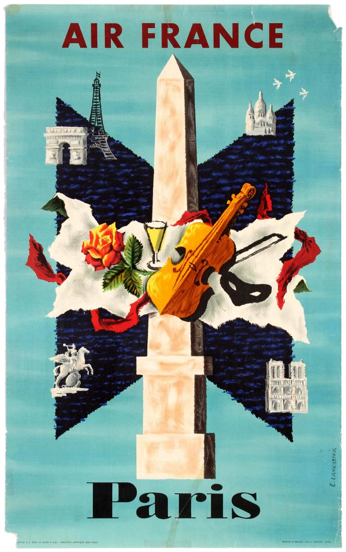 Propaganda Poster Air France Airline Paris Lancaster: Original vintage travel poster for Paris issued by Air France featuring a great illustration of Parisian landmarks including Obelisk of Luxor, Arc de Triomphe, Eiffel Tower, SacrÃ© CÅ“ur, Notre D