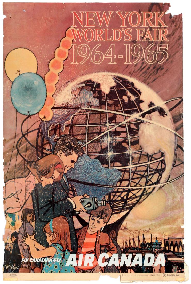 Travel Poster Air Canada Airline New York World Fair: Original vintage travel poster published by Air Canada to promote its flights to the USA and to New York World's Fair 1964-1965: Fly Canadian, Fly Air Canada. Great design by the renowned graphic arti