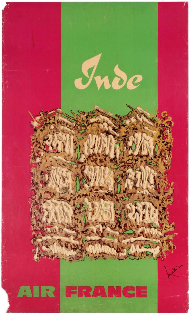 Travel Poster Inde India Air France Airline: Original vintage travel poster for India issued by Air France. Great illustration by Georges Mathieu (1921 - 2012) on a bold pink and green background. Air France stylized as AIRFRANCE, is the French