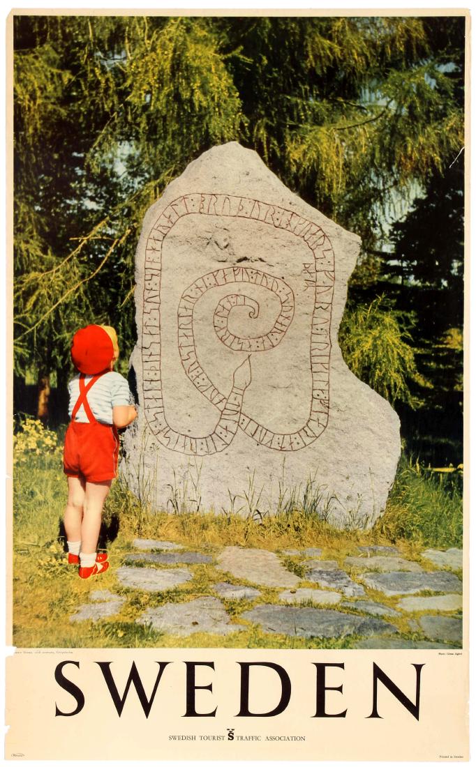 Travel Poster Sweden Gripsholm Ingvar Runestone: Original vintage travel poster for Sweden issued by Swedish Tourist Traffic Association. Great photo of a child in red dungarees looking at a runestone monument in Gripsholm. The Ingvar Runestones (Sw
