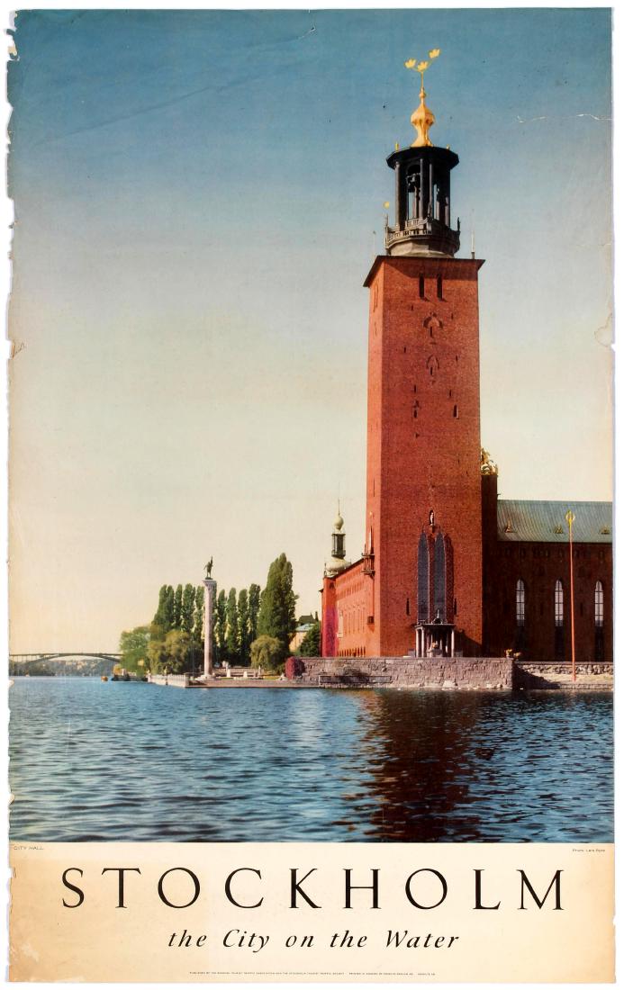 Travel Poster Stockholm City Hall Harbour Sweden: Original vintage travel poster promoting the Swedish capital city of Stockholm - the City on the Water - as a tourist destination with a photograph showing the tower of the City Hall overlooking one o