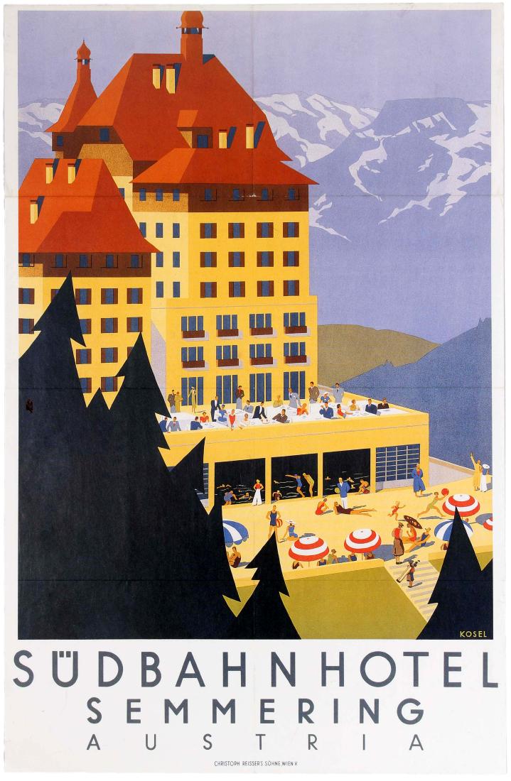 Travel Poster Sudbahnhotel Semmering Austria Hermann: Reproduction travel advertising poster featuring Sudbahnhotel in Semmering by the Austrian artist, Hermann Kosel (1896-1983). Poster features a great Art Deco style image of people swimming and diving