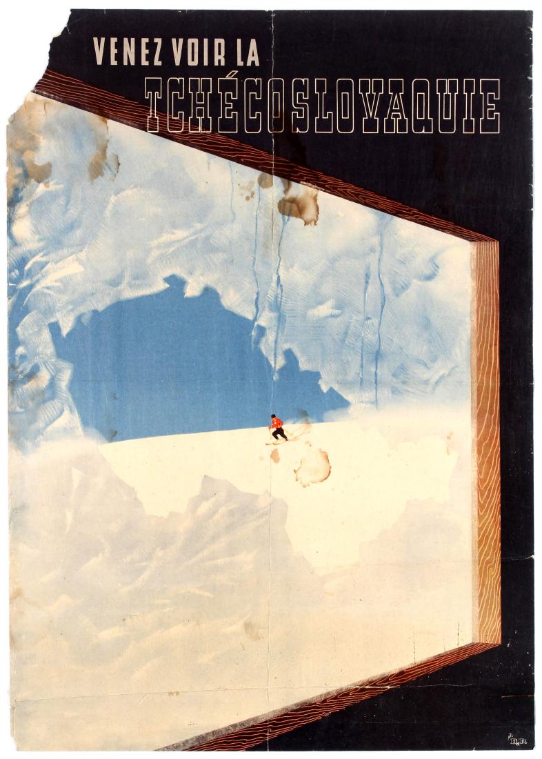 Travel Poster Ski Czechoslovakia Skiing Tatry Mountains: Original vintage travel poster Come See Czechoslovakia / Venez Voir La TchÃ©coslovaquie featuring a great illustration of someone skiing down a snowy slope from behind a window. Poor condition, tear