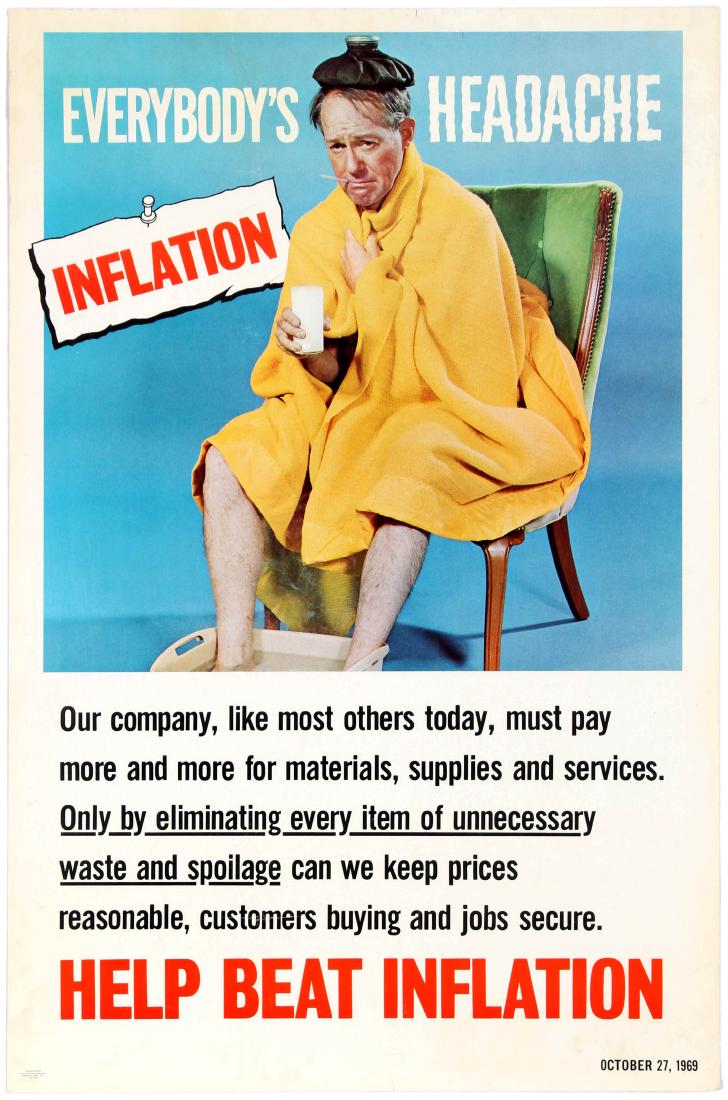 Propaganda Poster Help Beat Inflation Work Motivation: Original vintage workplace motivational propaganda poster Help Beat Inflation featuring a great photo of a ill man wrapped in a blanket and soaking his feet. Message reads - Our company, like most oth